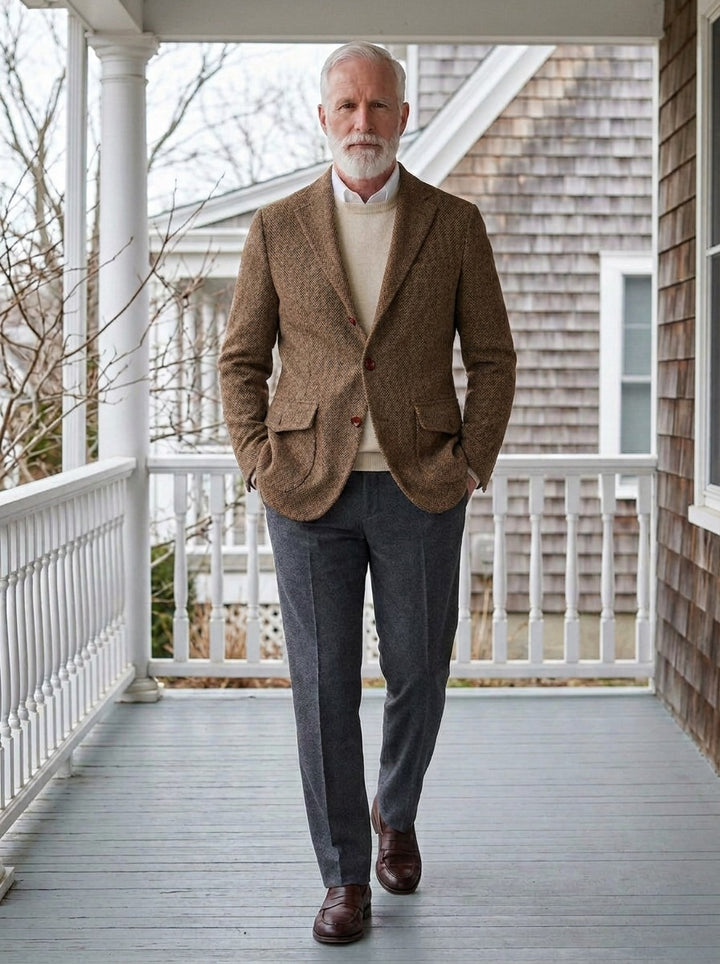 Mowbray three button tweed blazer in Brown, lifestyle on a covered porch, Gentlemens Manor