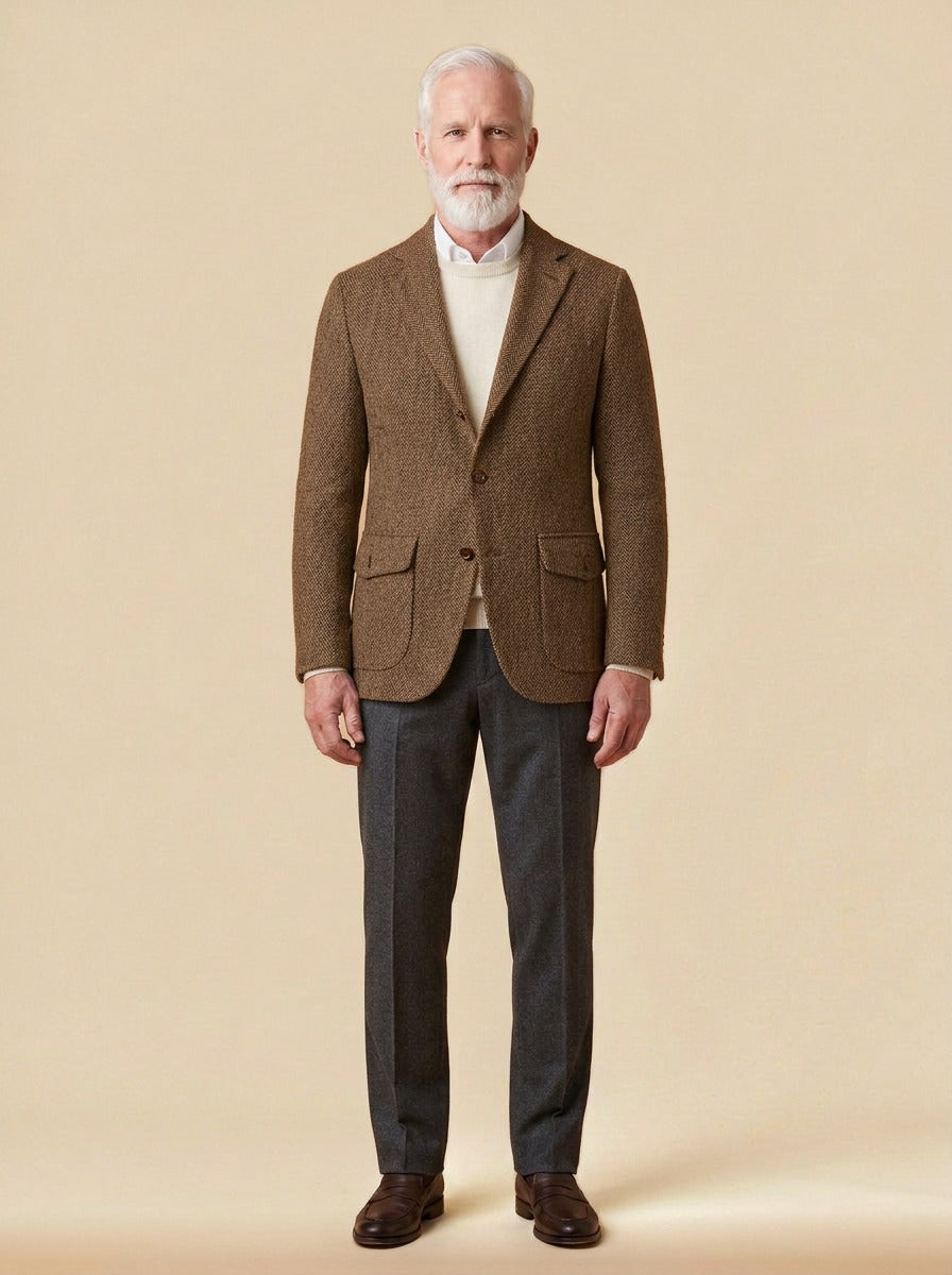 Mowbray three button tweed blazer in Brown, studio, Gentlemens Manor