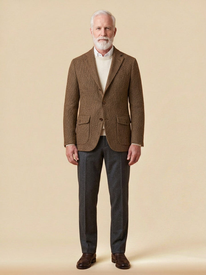 Mowbray three button tweed blazer in Brown, studio, Gentlemens Manor