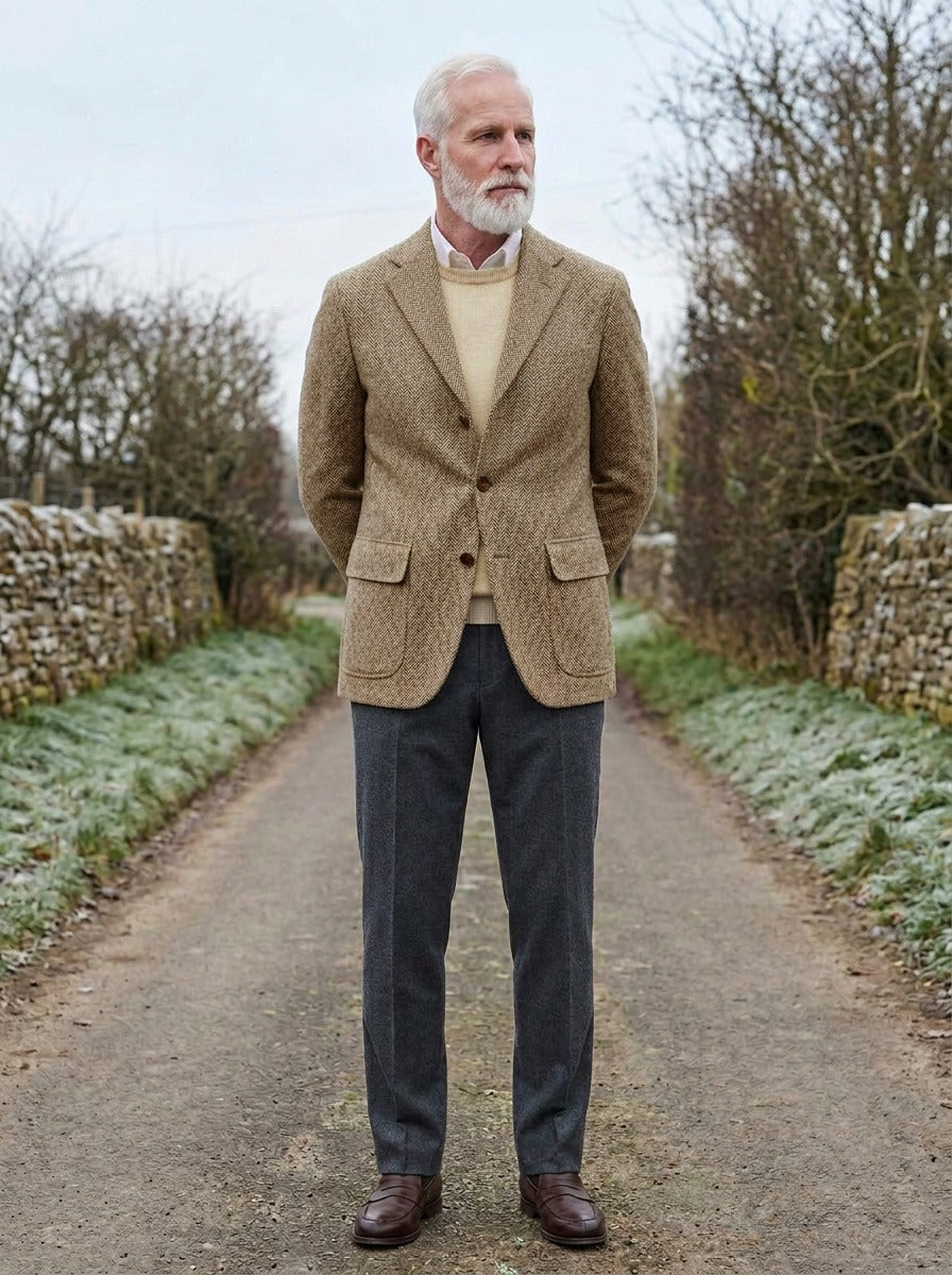 Mowbray three button tweed blazer in Camel, lifestyle on a country lane, Gentlemens Manor