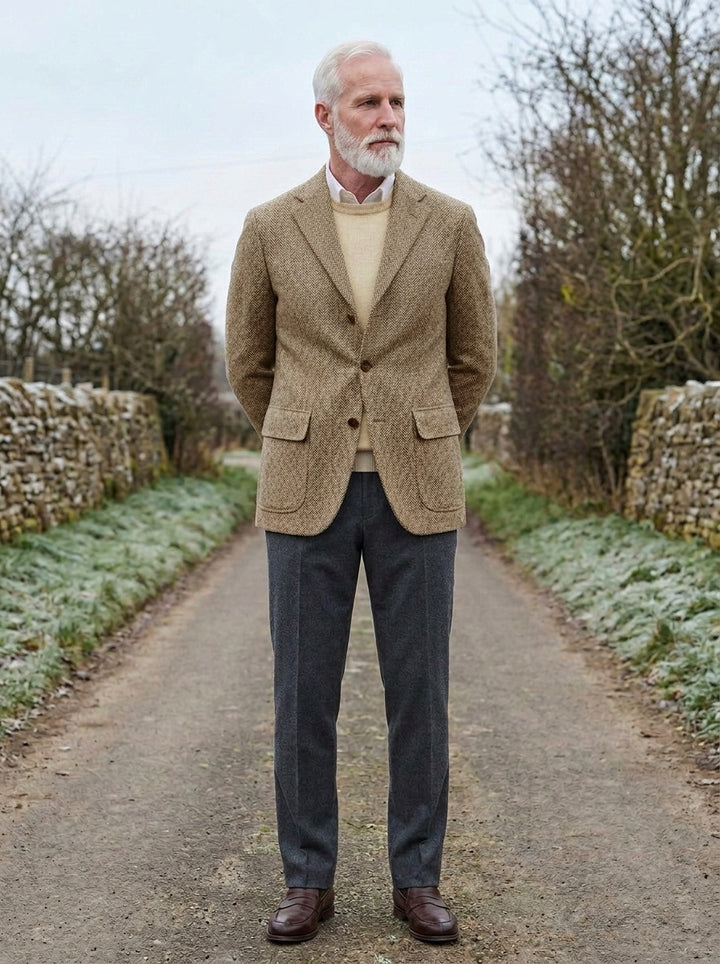Mowbray three button tweed blazer in Camel, lifestyle on a country lane, Gentlemens Manor