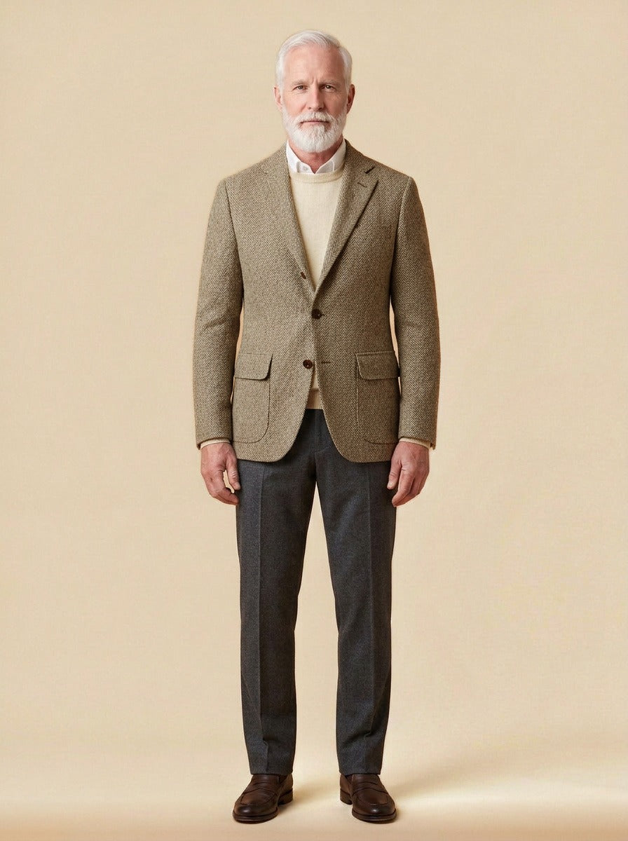 Mowbray three button tweed blazer in Camel, studio, Gentlemens Manor