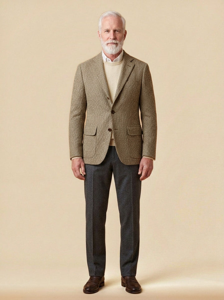 Mowbray three button tweed blazer in Camel, studio, Gentlemens Manor