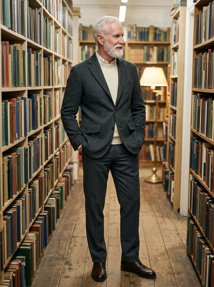 Mowbray three button tweed blazer in Charcoal, lifestyle in a secondhand bookshop, Gentlemens Manor