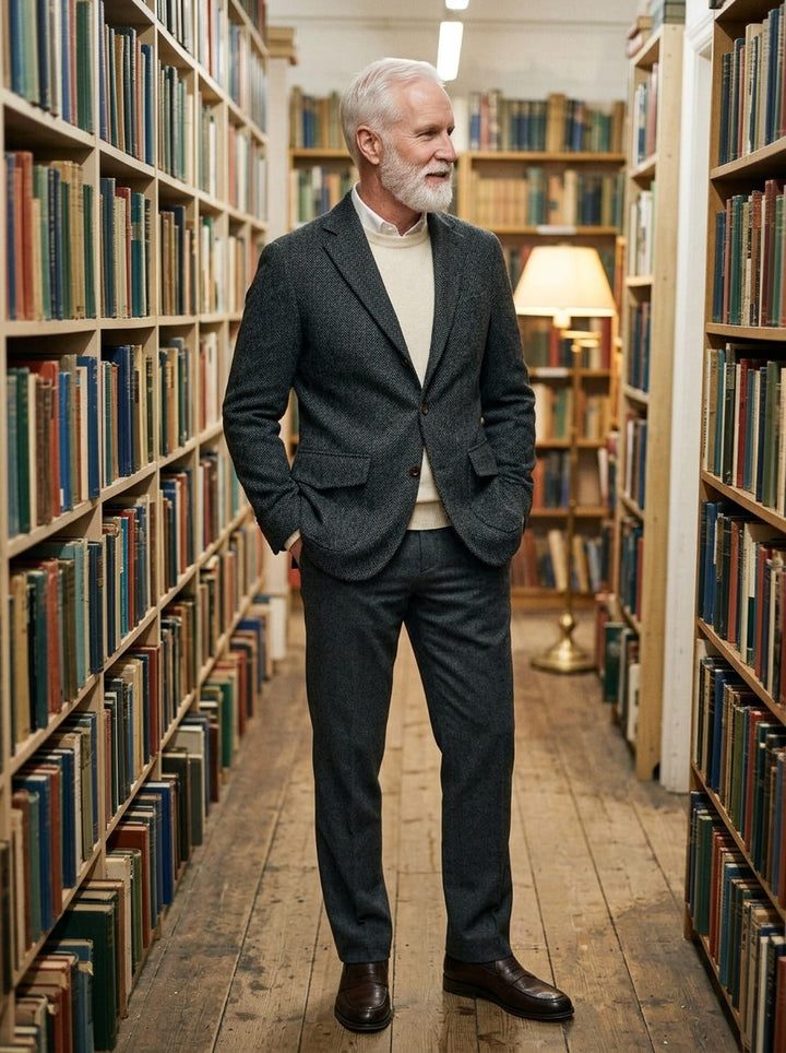 Mowbray three button tweed blazer in Charcoal, lifestyle in a secondhand bookshop, Gentlemens Manor