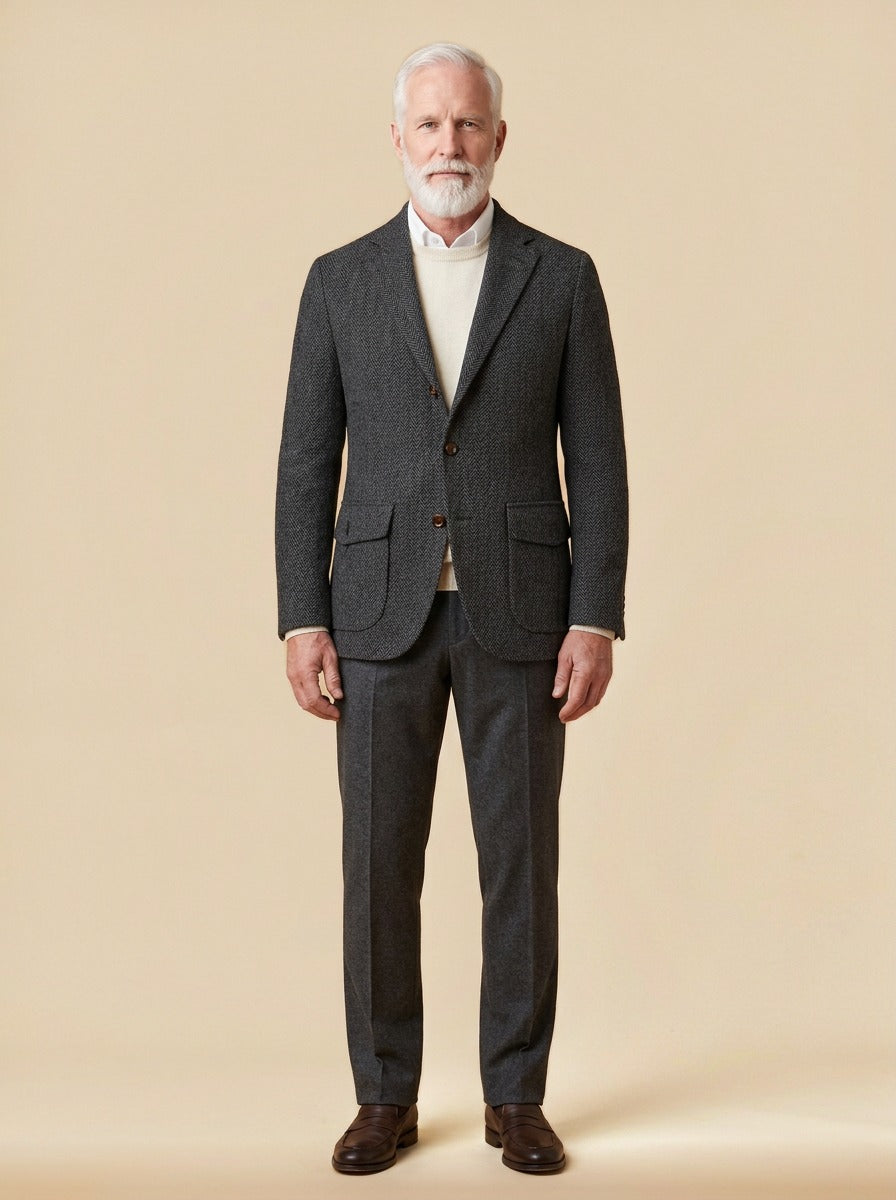 Mowbray three button tweed blazer in Charcoal, studio, Gentlemens Manor