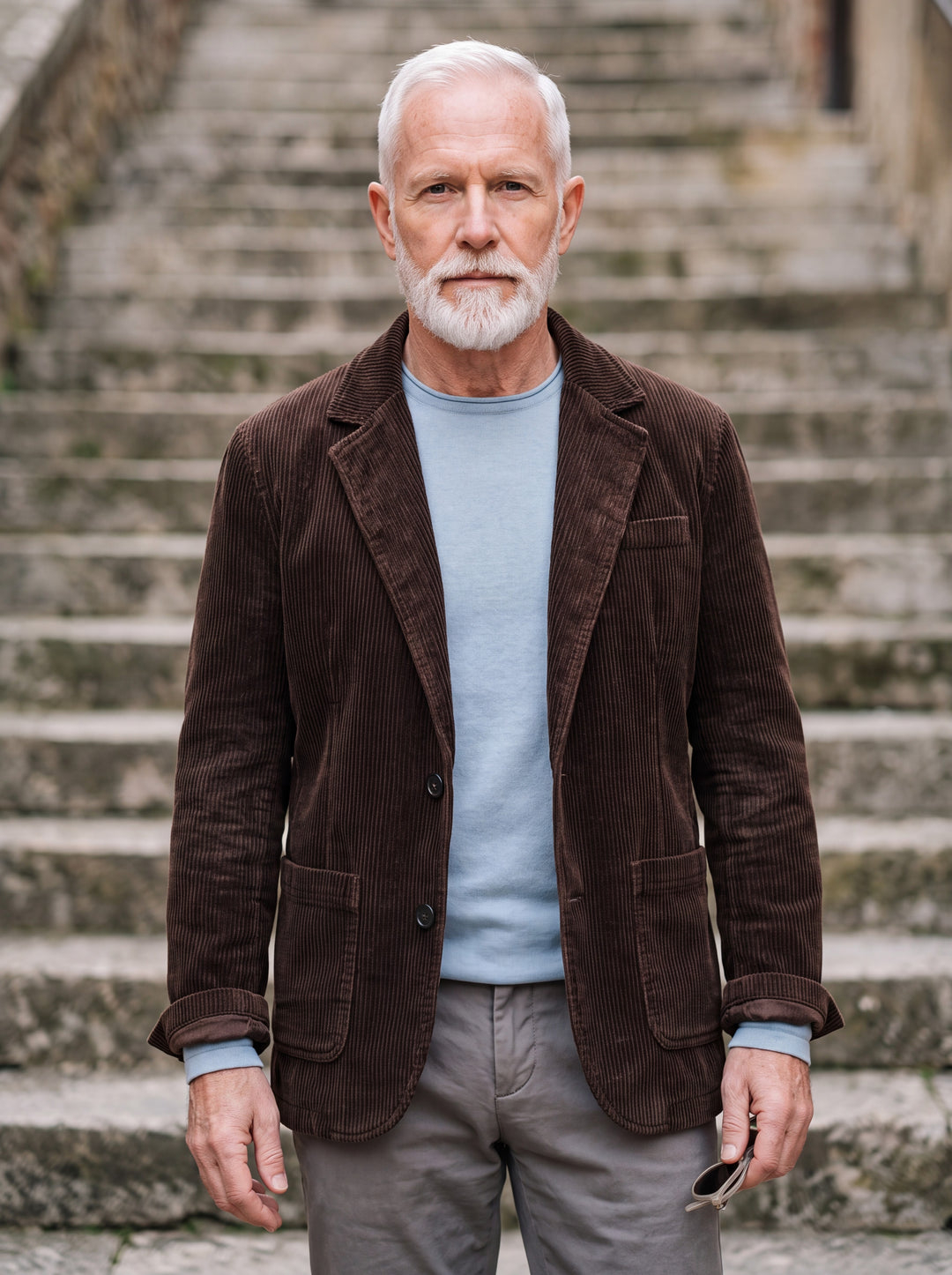 Murray jacket in Brown, worn by a model in a Mediterranean setting - Gentlemens Manor lifestyle