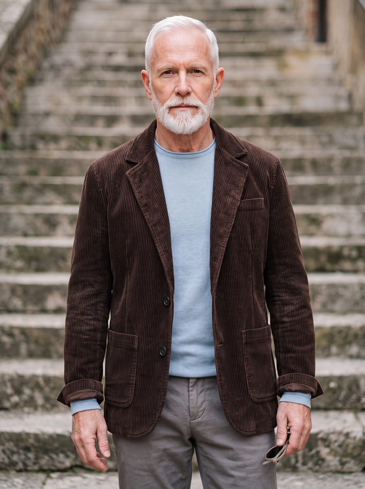Murray jacket in Brown, worn by a model in a Mediterranean setting - Gentlemens Manor lifestyle
