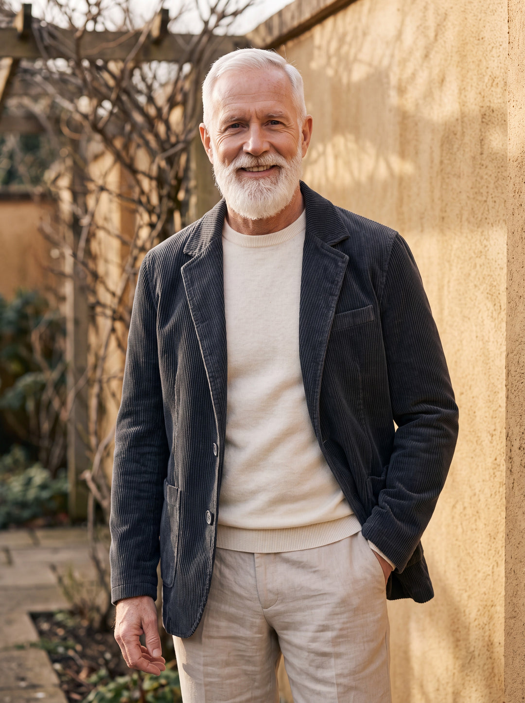 Murray jacket in Grey, worn by a model in a Mediterranean setting - Gentlemens Manor lifestyle
