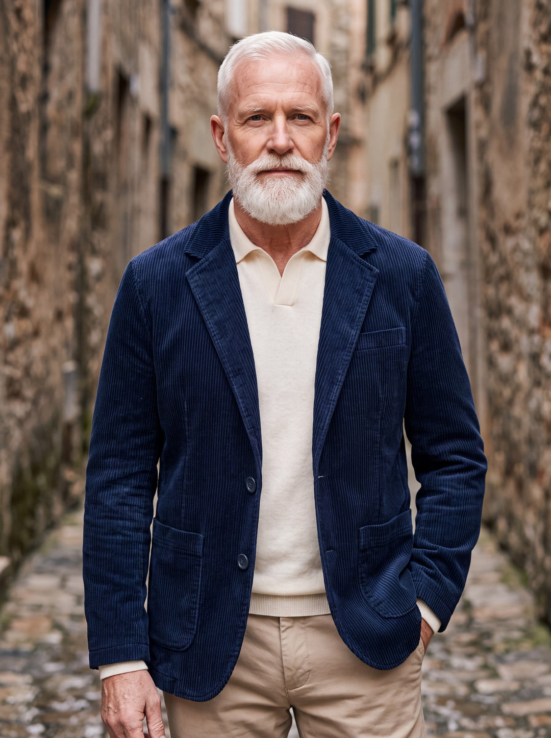 Murray jacket in Navy, worn by a model in a Mediterranean setting - Gentlemens Manor lifestyle
