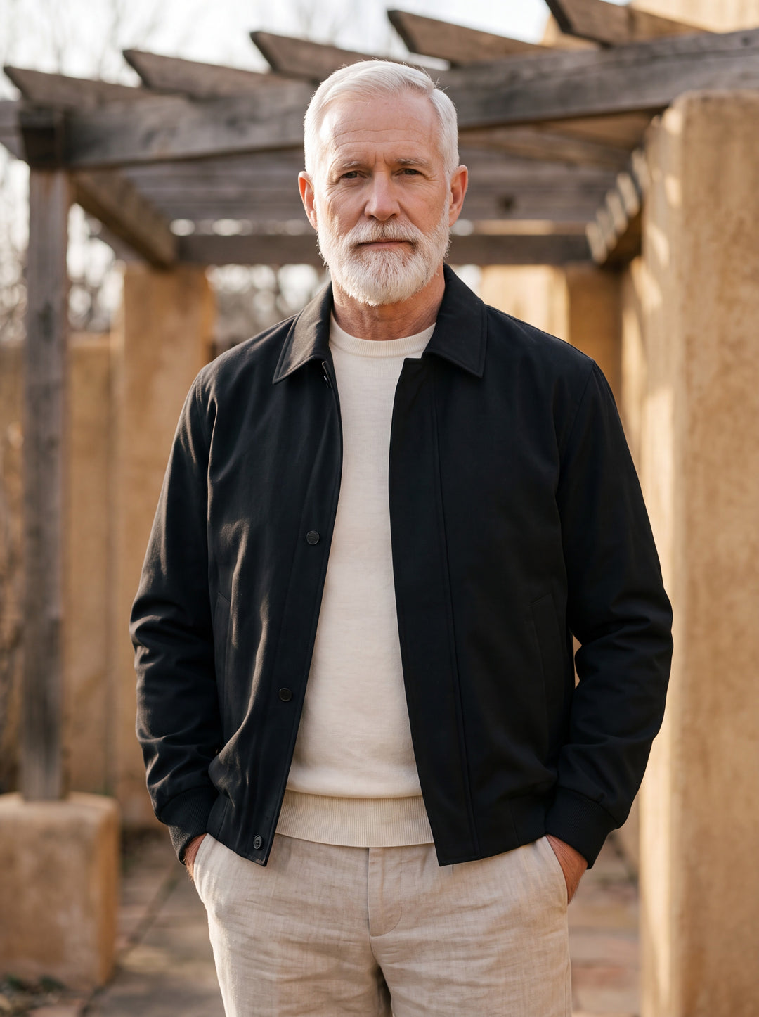 Myron jacket in Black, worn by a model in a Mediterranean setting - Gentlemens Manor lifestyle