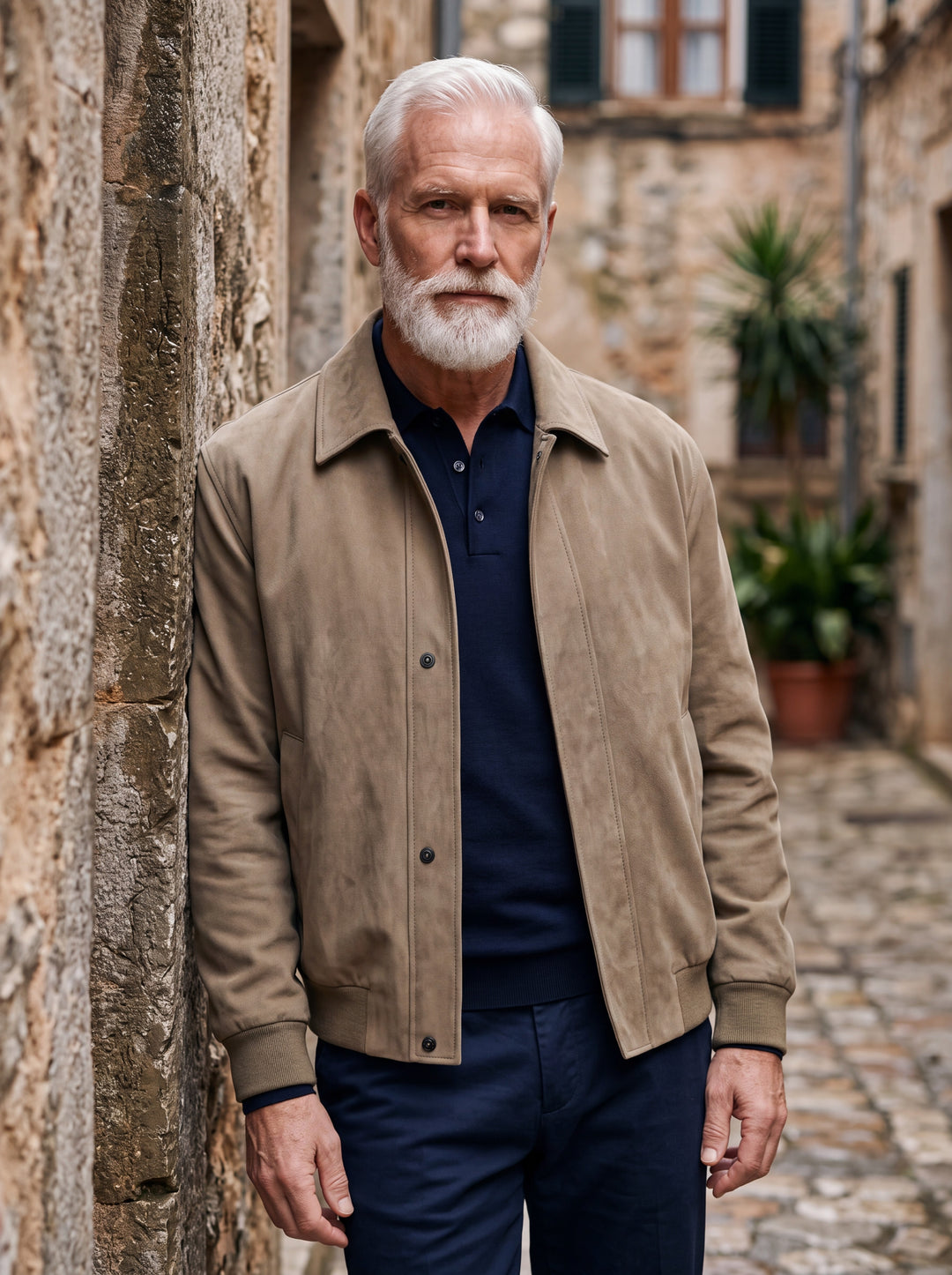 Myron jacket in Sand, worn by a model in a Mediterranean setting - Gentlemens Manor lifestyle
