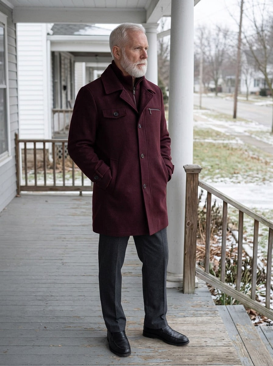 Nathan winter coat in Burgundy, lifestyle, Gentlemens Manor
