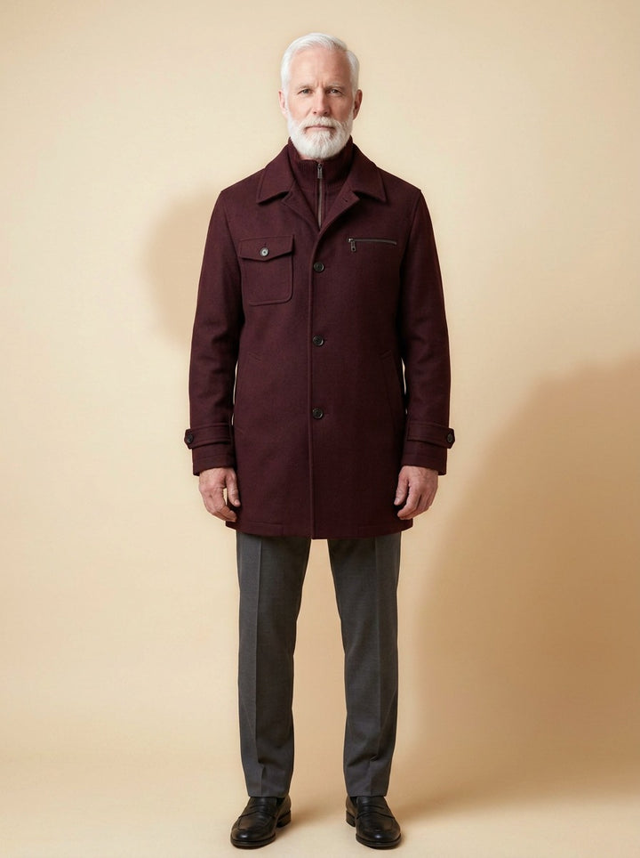 Nathan winter coat in Burgundy, studio, Gentlemens Manor