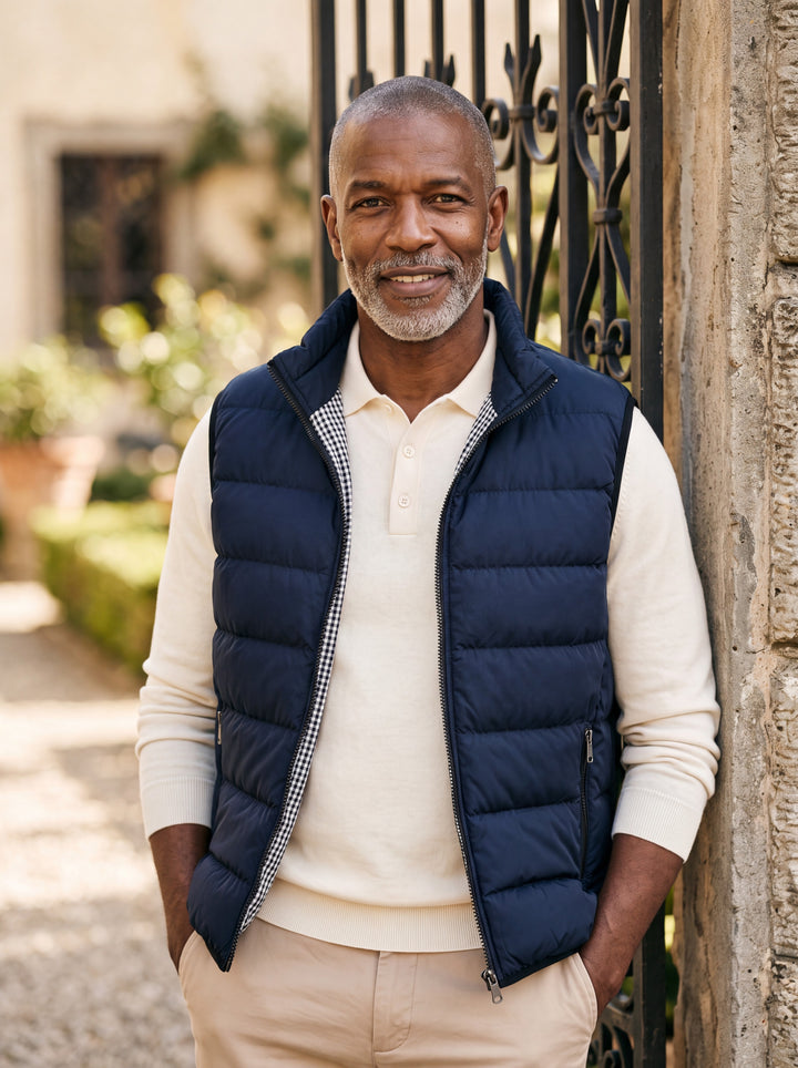 Nathaniel vest in Navy, worn by a model in a Mediterranean setting - Gentlemens Manor lifestyle
