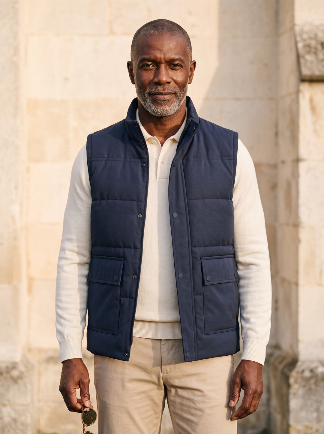 Ned vest in Blue, worn by a model in a Mediterranean setting - Gentlemens Manor lifestyle