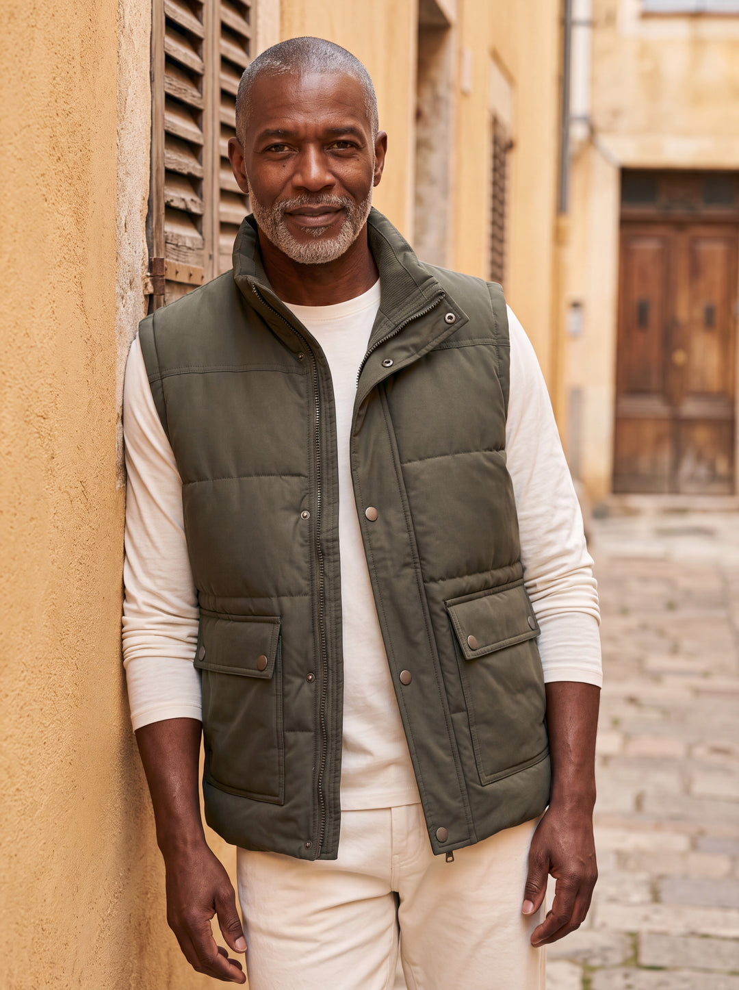 Ned vest in Olive, worn by a model in a Mediterranean setting - Gentlemens Manor lifestyle