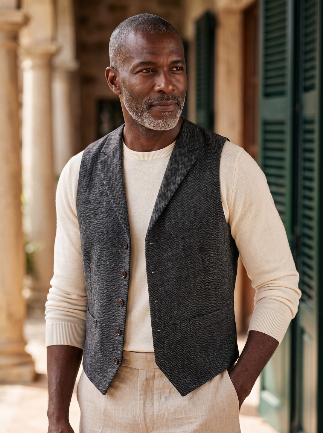 Nelson vest in Charcoal, worn by a model in a Mediterranean setting - Gentlemens Manor lifestyle