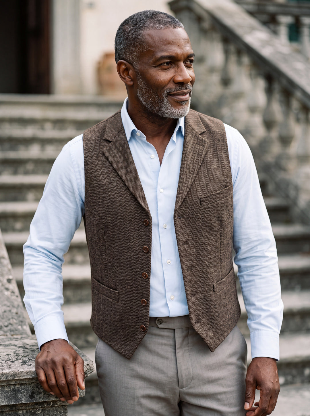 Nelson vest in Dark Brown, worn by a model in a Mediterranean setting - Gentlemens Manor lifestyle