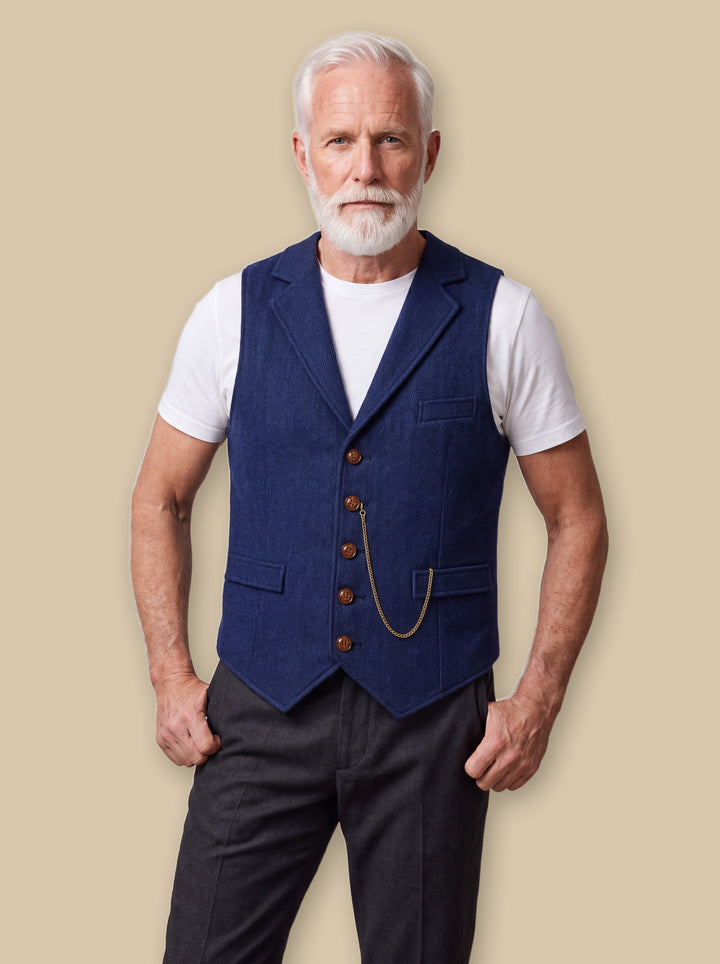 Nelson jacket in Navy, worn by a model on a warm sand studio background - Gentlemens Manor