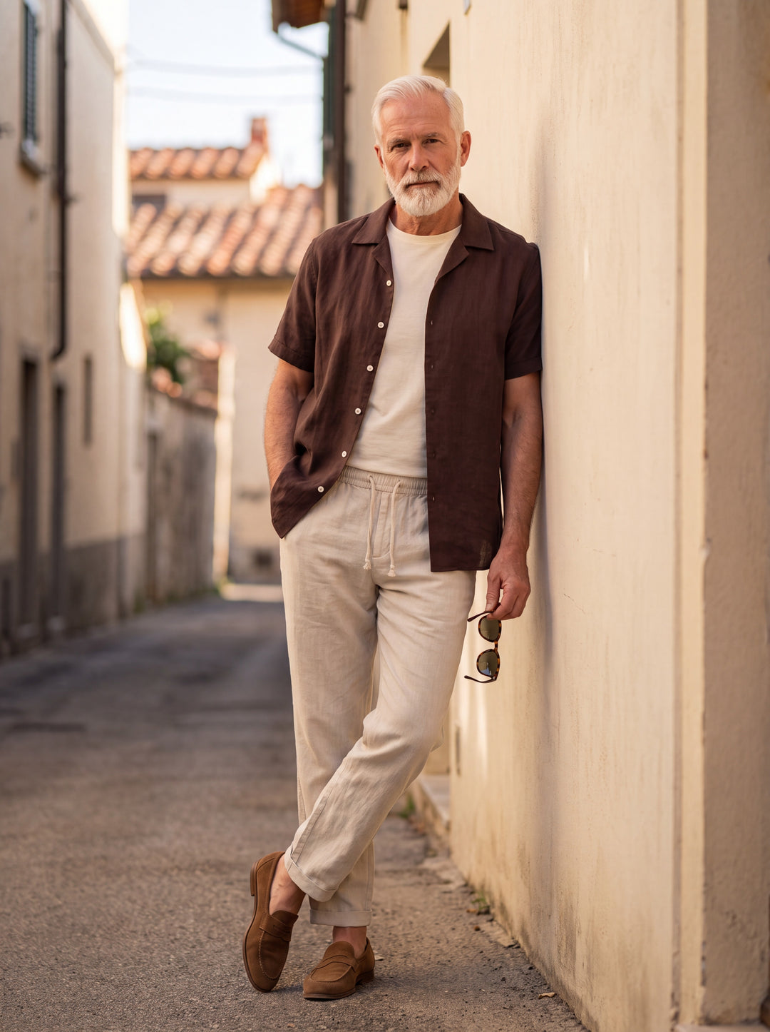 Nelson Men two piece set in brown, worn by a model on a Mediterranean terrace - Gentlemens Manor lifestyle
