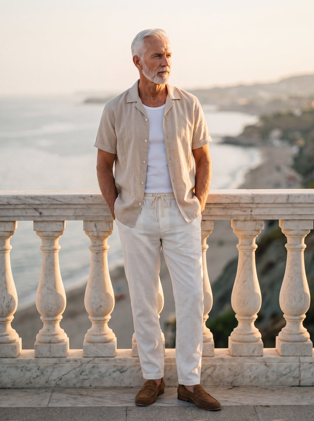 Nelson Men two piece set in Sand, worn by a model on a Mediterranean terrace - Gentlemens Manor lifestyle