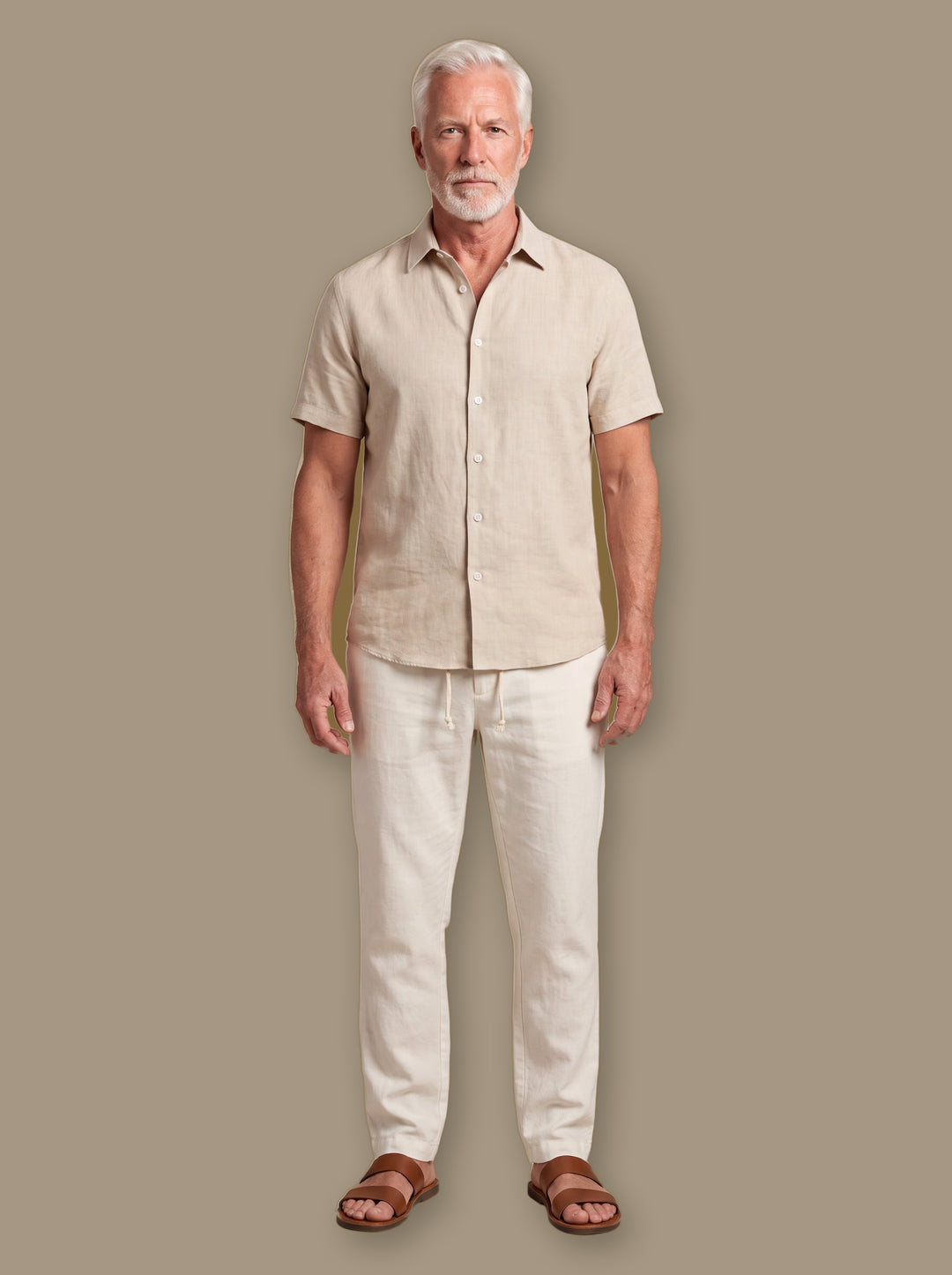 Nelson two piece set in Sand, worn by a model on a warm taupe studio background - Gentlemens Manor