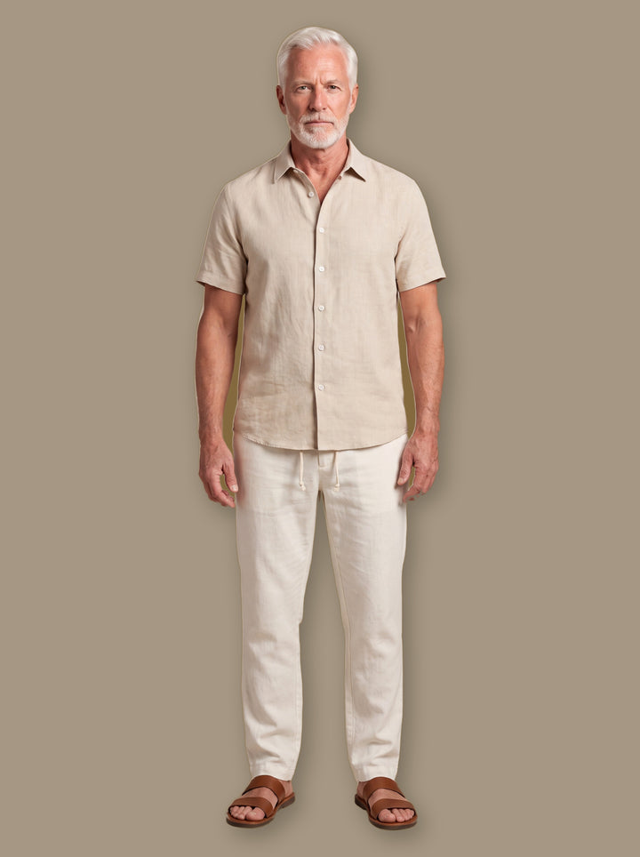 Nelson two piece set in Sand, worn by a model on a warm taupe studio background - Gentlemens Manor