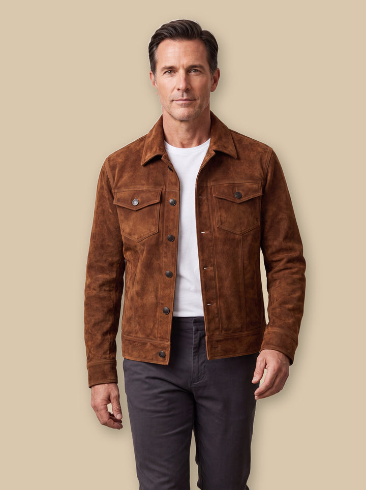 Neville jacket in Brown, worn by a model on a warm sand studio background - Gentlemens Manor