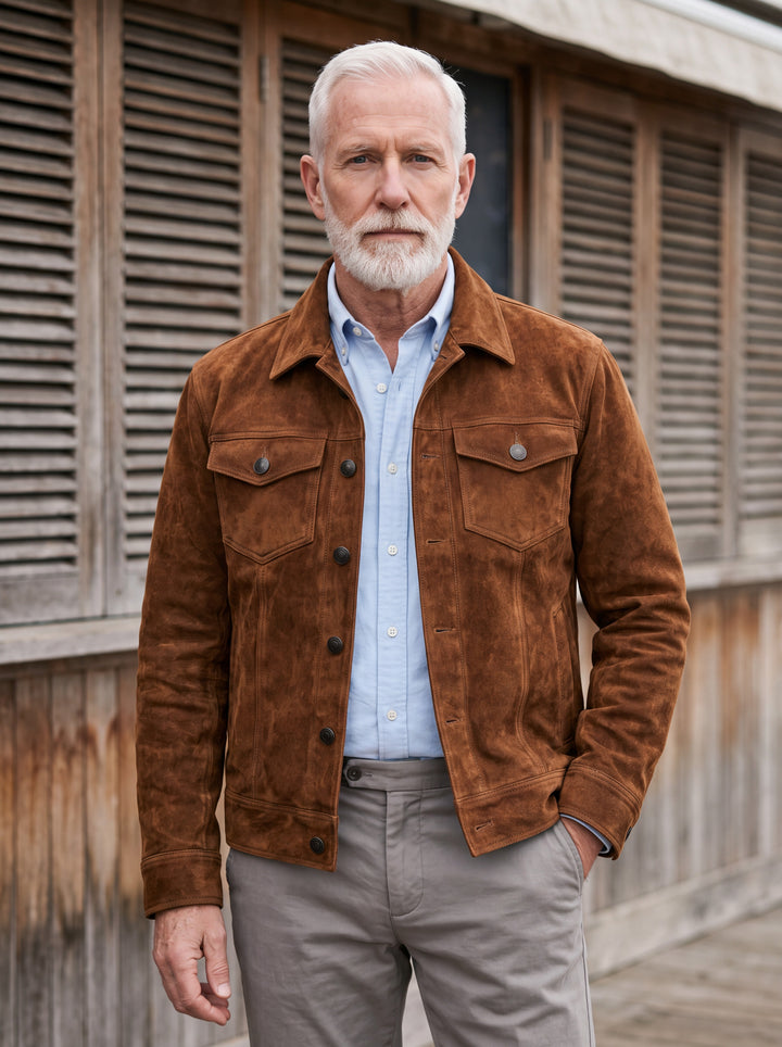 Neville jacket in Brown, worn by a model in a Mediterranean setting - Gentlemens Manor lifestyle