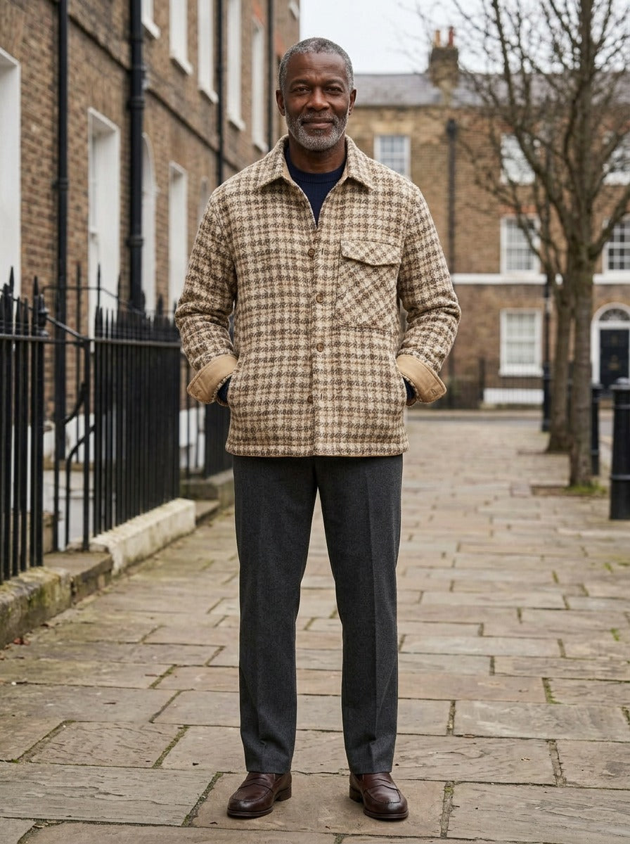 Newbury houndstooth wool shirt jacket in Beige, lifestyle on a street of brick row houses, Gentlemens Manor