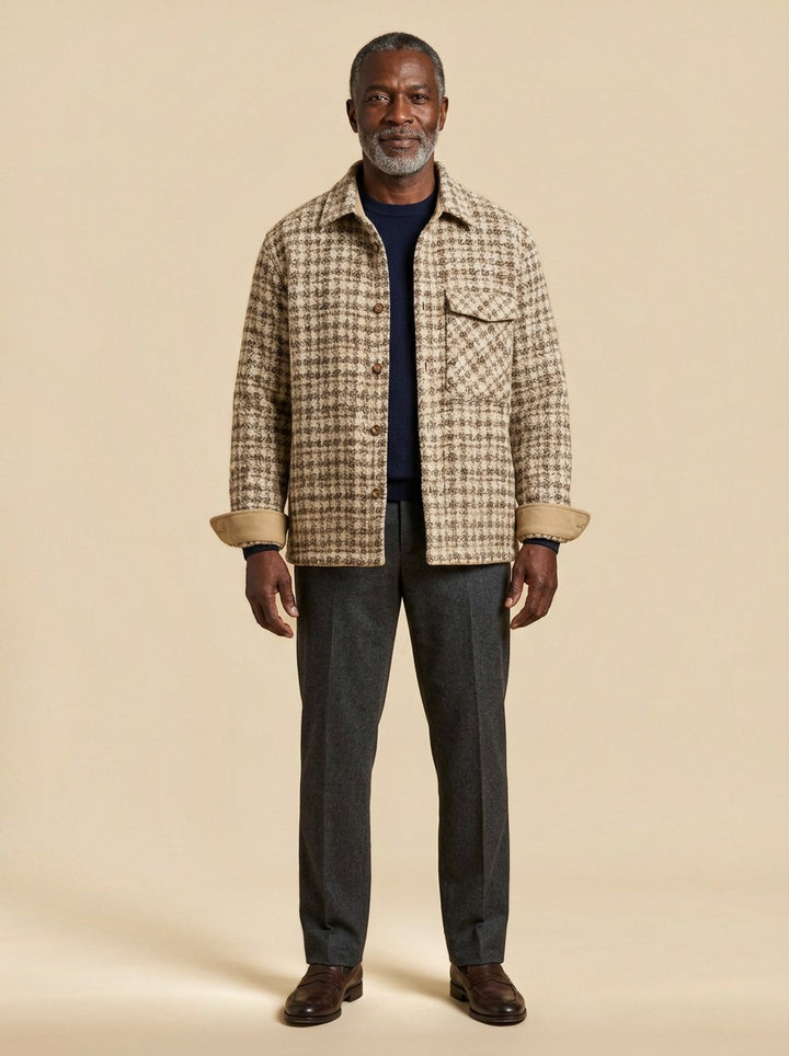 Newbury houndstooth wool shirt jacket in Beige, studio, Gentlemens Manor