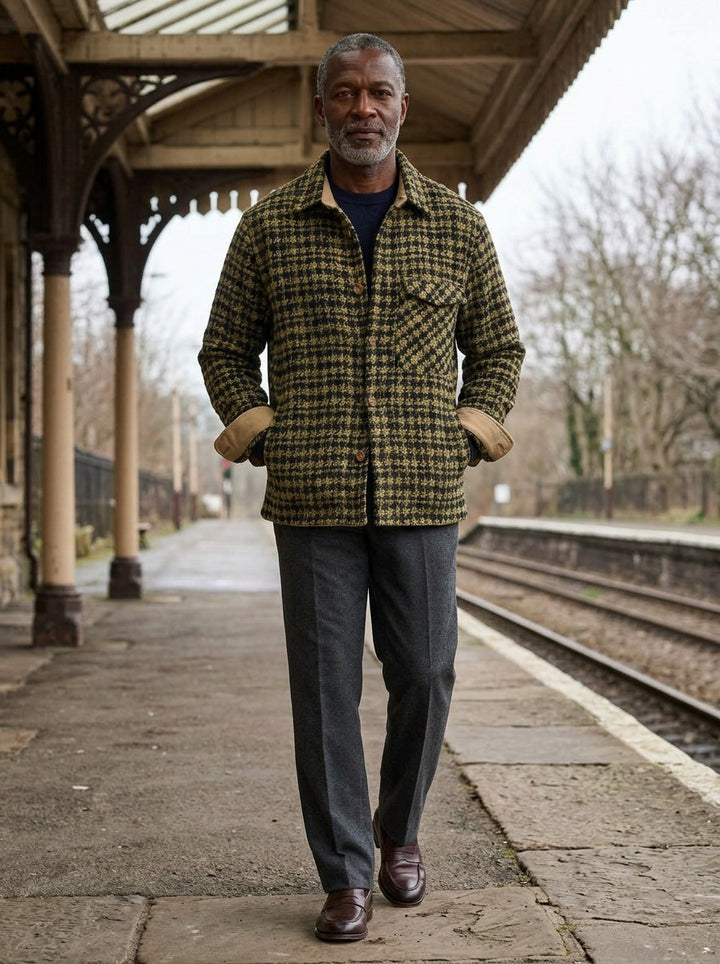 Newbury houndstooth wool shirt jacket in Olive, lifestyle on a railway platform, Gentlemens Manor
