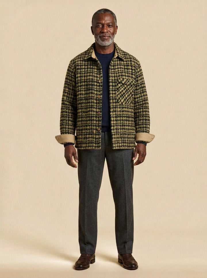 Newbury houndstooth wool shirt jacket in Olive, studio, Gentlemens Manor