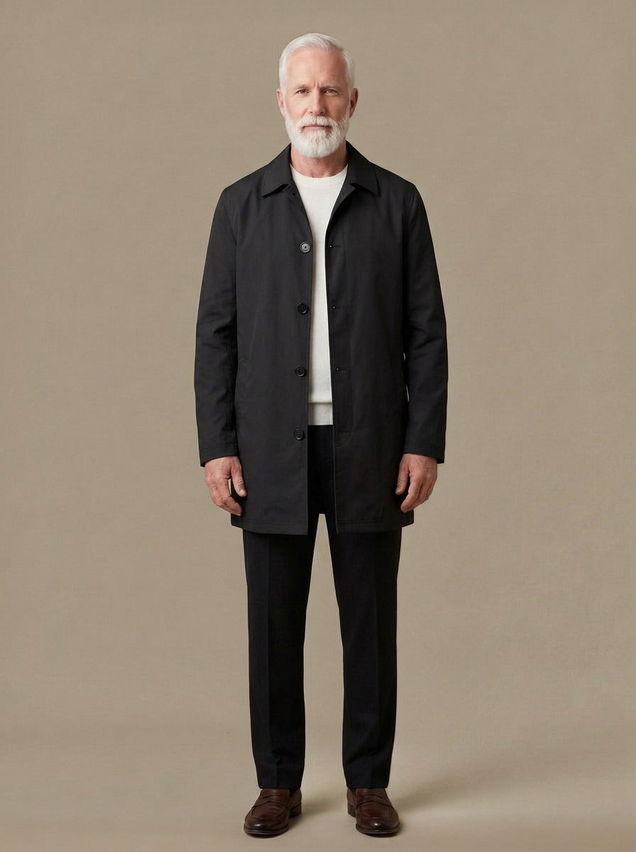 Newell mid length mac coat in Black, studio, Gentlemens Manor