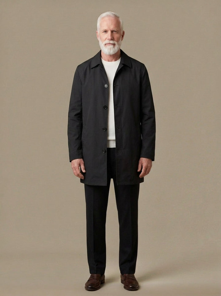 Newell mid length mac coat in Black, studio, Gentlemens Manor