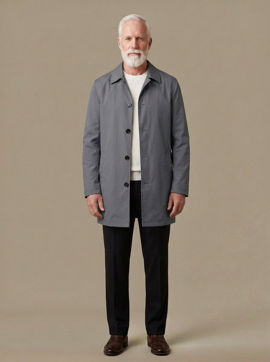 Newell mid length mac coat in Grey, studio, Gentlemens Manor