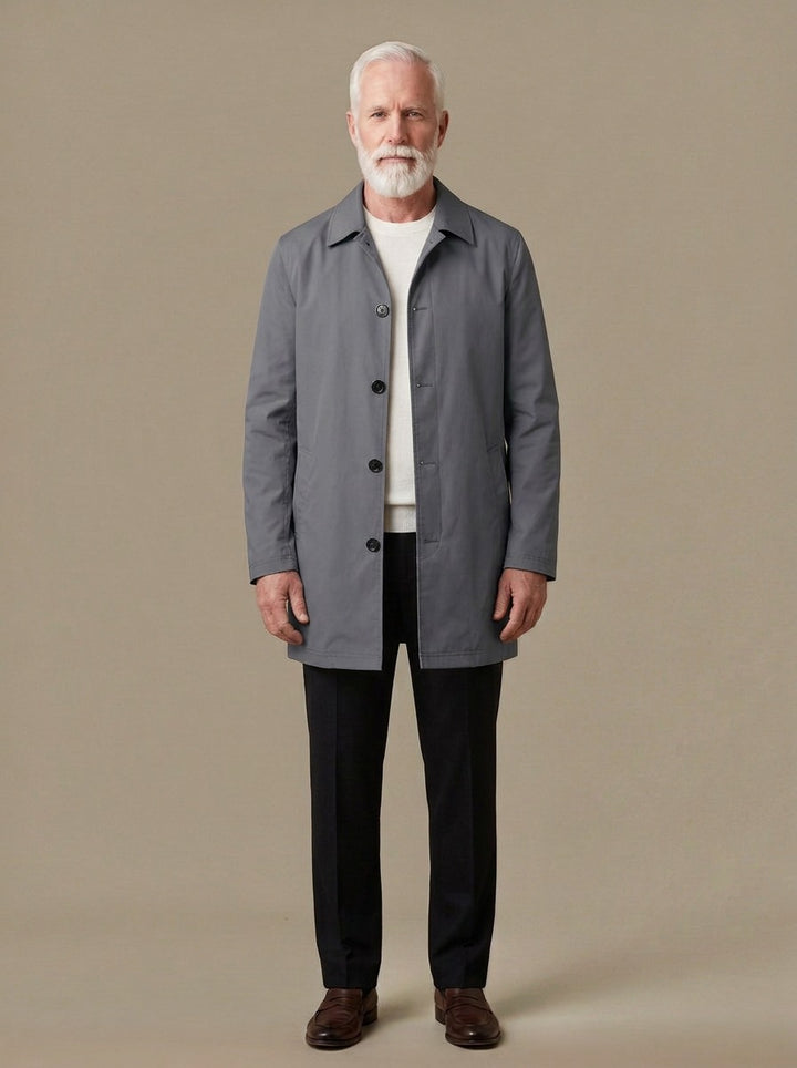 Newell mid length mac coat in Grey, studio, Gentlemens Manor