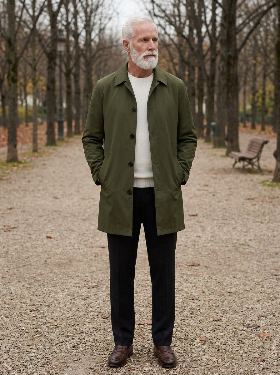Newell mid length mac coat in Olive, lifestyle on a park path, Gentlemens Manor