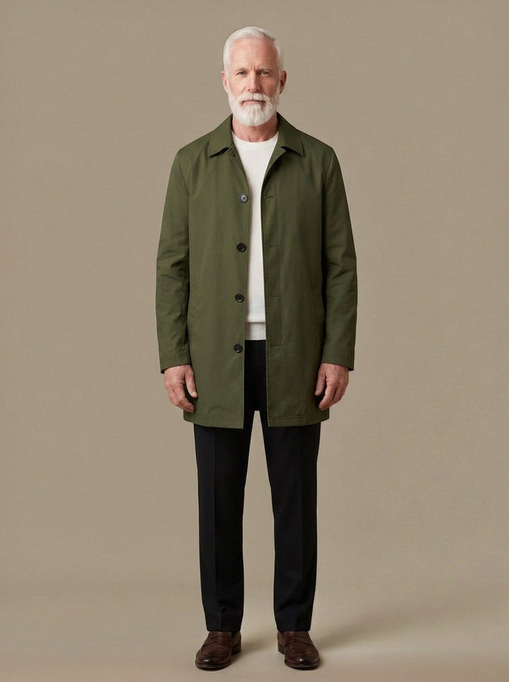 Newell mid length mac coat in Olive, studio, Gentlemens Manor