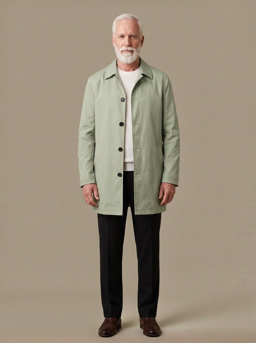 Newell mid length mac coat in Sage, studio, Gentlemens Manor