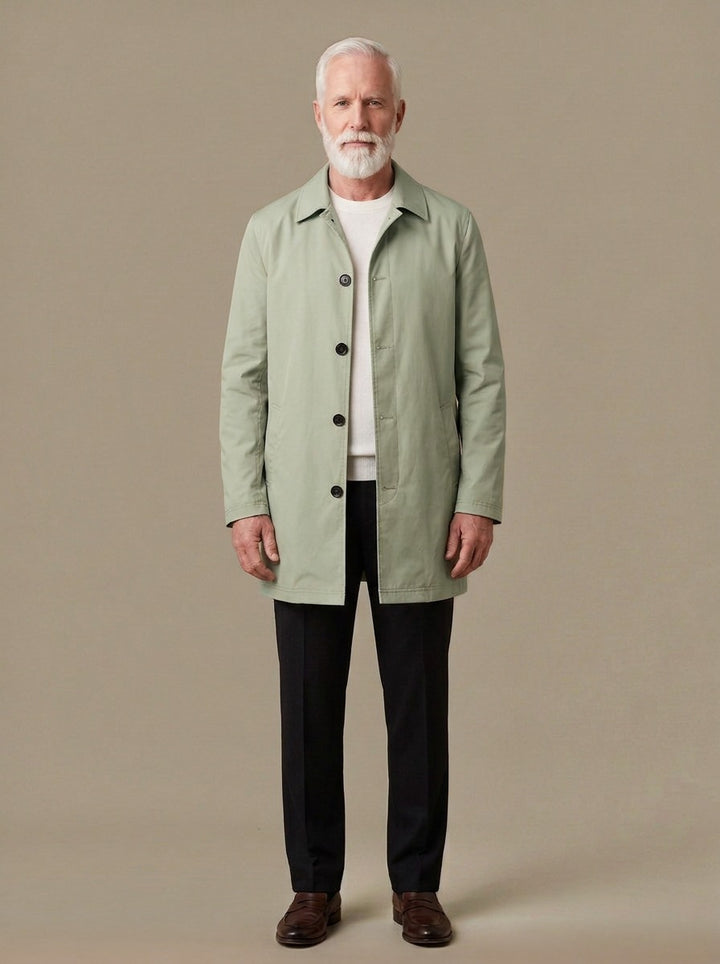 Newell mid length mac coat in Sage, studio, Gentlemens Manor