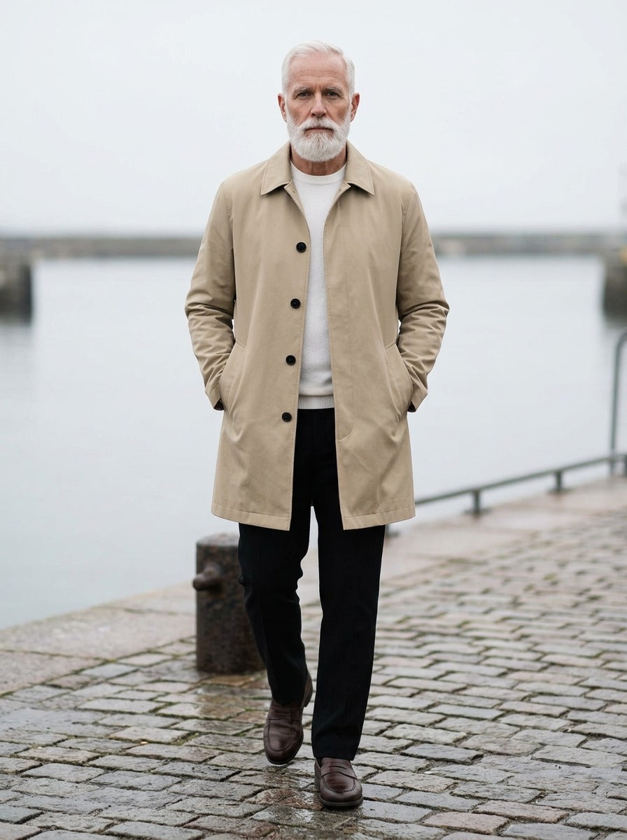 Newell mid length mac coat in Sand, lifestyle on a stone harbor quay, Gentlemens Manor