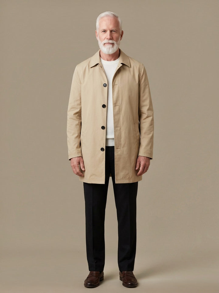 Newell mid length mac coat in Sand, studio, Gentlemens Manor