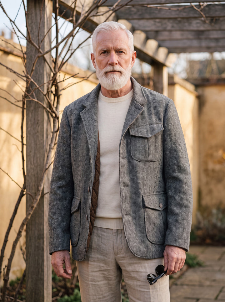 Newton jacket in Light Grey, worn by a model in a Mediterranean setting - Gentlemens Manor lifestyle