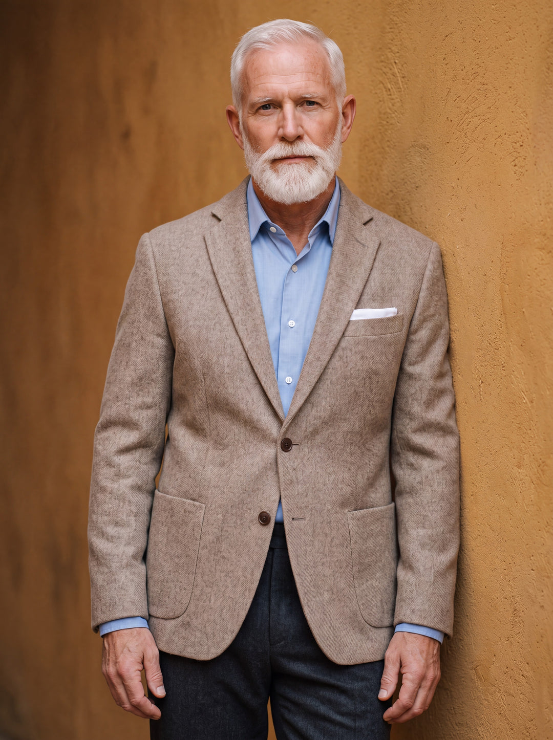 Nicholas blazer in Beige, worn by a model in a Mediterranean setting - Gentlemens Manor lifestyle