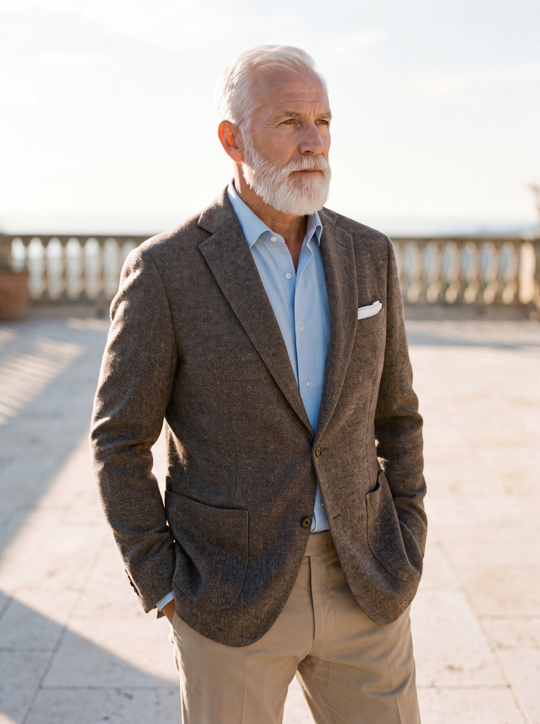 Nicholas blazer in Brown, worn by a model in a Mediterranean setting - Gentlemens Manor lifestyle