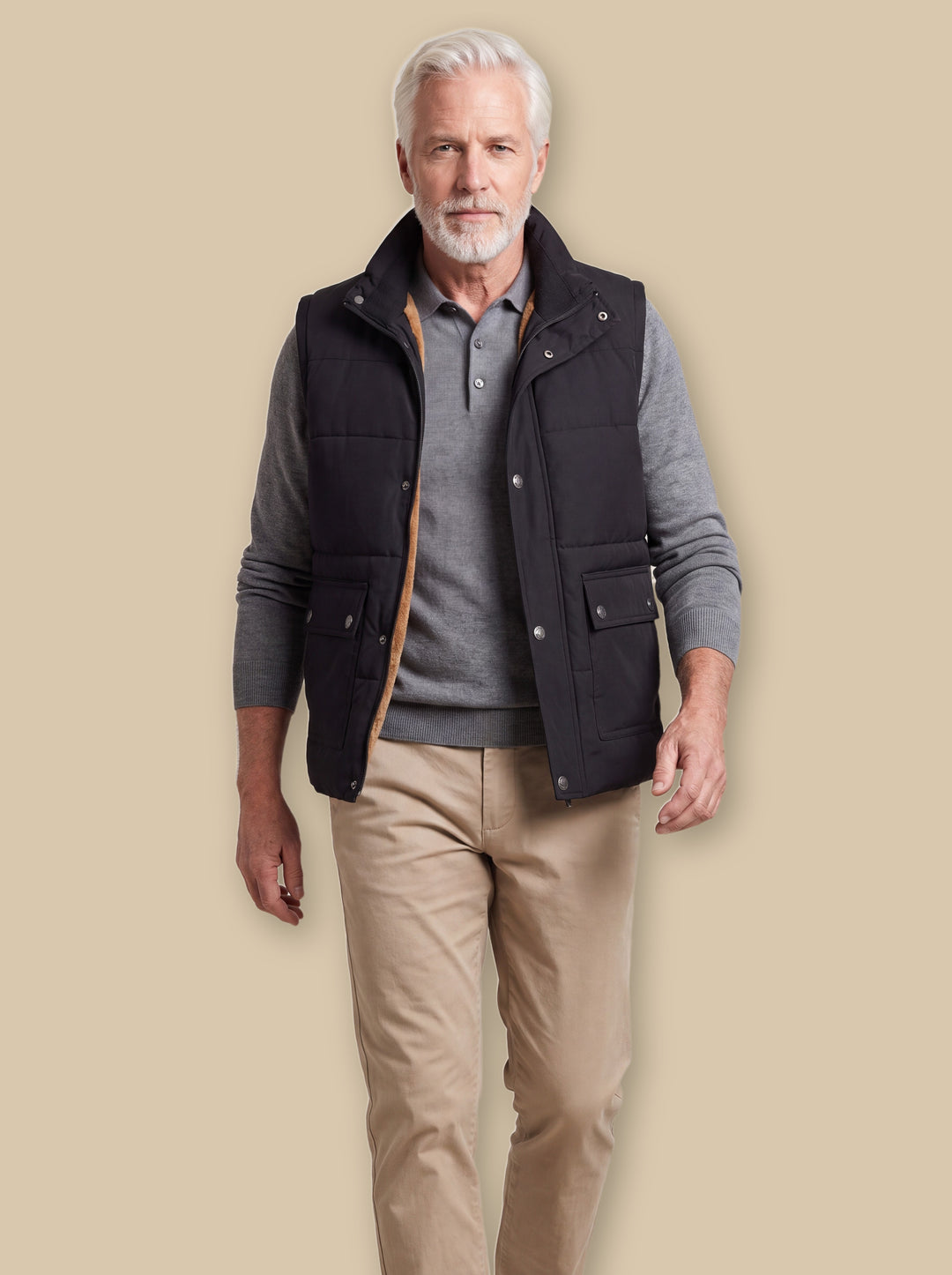 Nigel vest in Black, worn by a model on a warm sand studio background - Gentlemens Manor