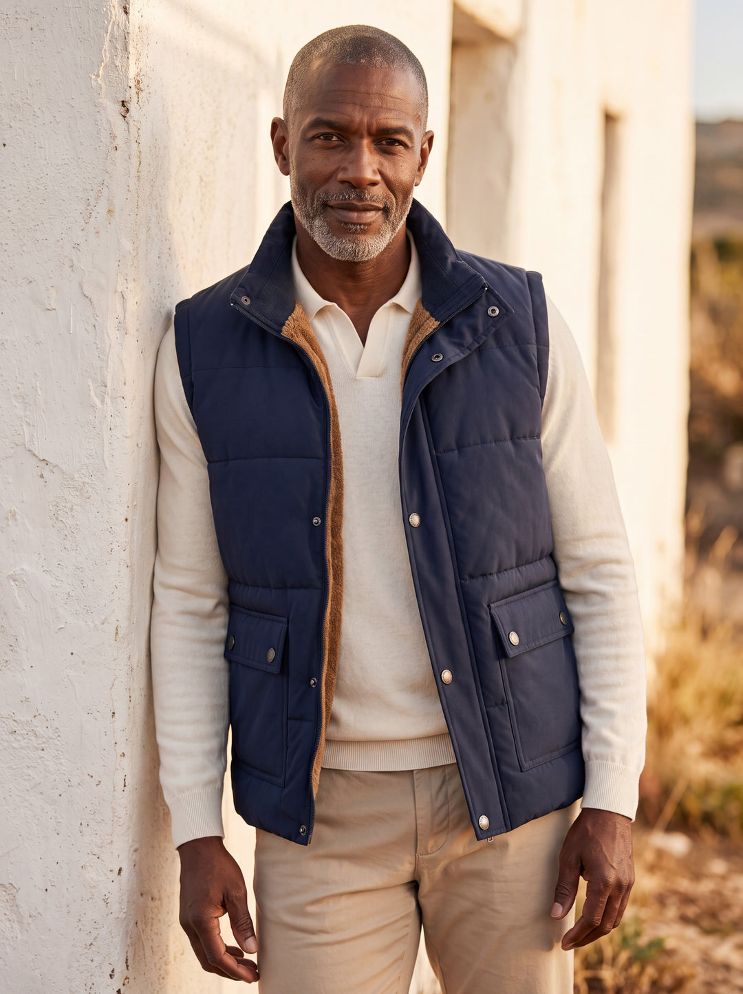 Nigel vest in Navy, worn by a model in a Mediterranean setting - Gentlemens Manor lifestyle