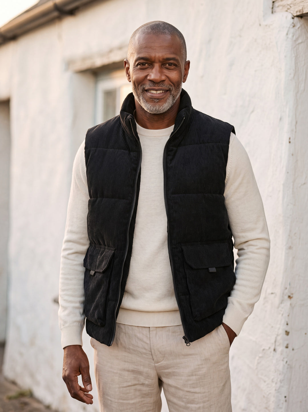 Noble vest in Black, worn by a model in a Mediterranean setting - Gentlemens Manor lifestyle